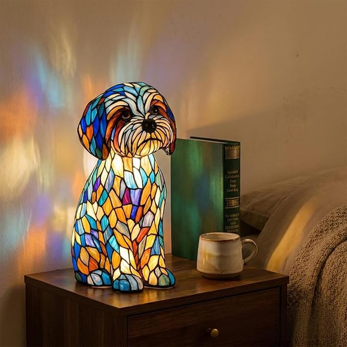 Rainbow Puppy Lamp Stained Glass Dog Night Light 3D Retro Stained Resin Rainbow Pup Lights Charge Powered Table Lamp Puppy Glow Lamps for Home Bedroom Desk (Dog-A)