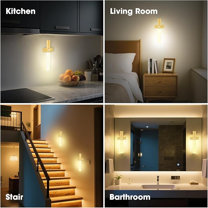 LAVAED Motion Sensor Lights Indoor,LED Rechargeable Battery Operated Wall Sconce Magnetic Stairway Night Light Wireless Portable Decor Lighting for Bedroom, Hallway, Picture,3000K Strip Base 2Pack