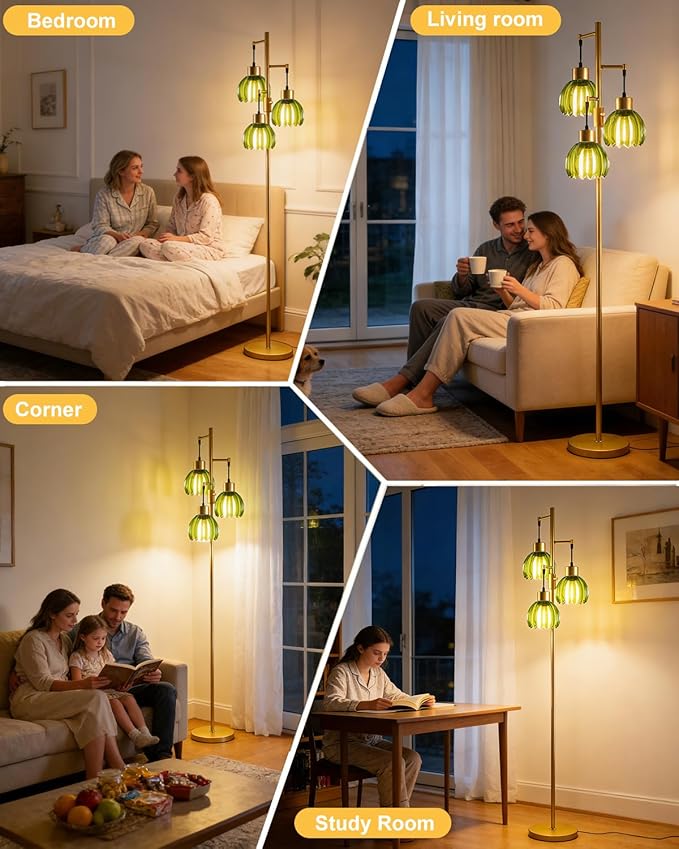 Lightdot 65'' Glass Floor Lamp Dimmable Gold Floor Lamps with Green Lotus Glass Shade& 3000K Bulbs Included 3-Lights Modern Tall Standing Lamp for Living Room/Bedroom/Sofa Beside/Corner Decor