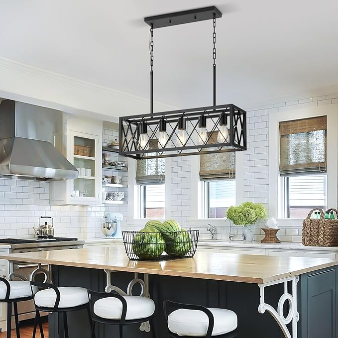5-Light Kitchen Island Pendant Light, Black Rectangular Farmhouse Chandelier, Industrial Metal Linear Ceiling Hanging Lighting Fixture for Dining Room, Living Room, Entryway, Foyer, Bar