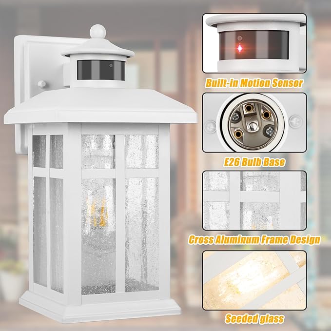 Dawn to Dusk Motion Sensor Wall Light Fixtures - White Wall Mount with E26 Sockets & Tempered Glass, Waterproof Outdoor & Indoor Lights for House, Porch, Garage, Door