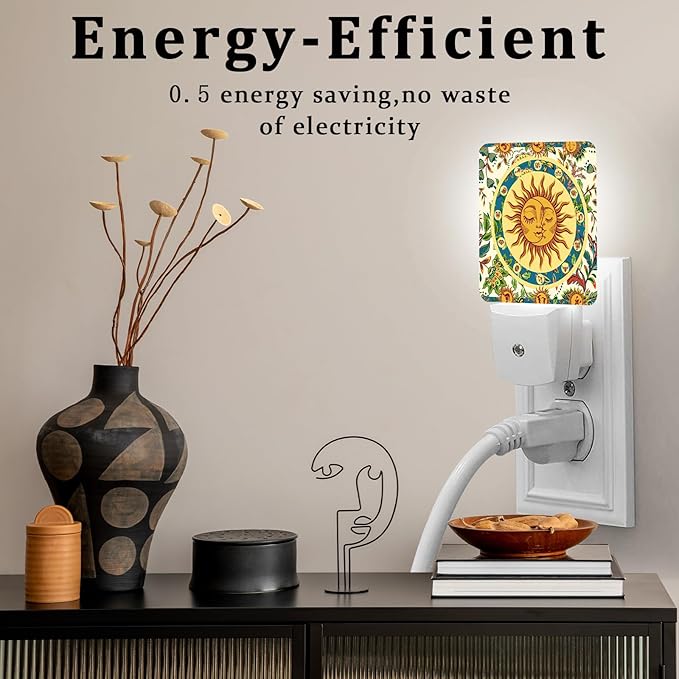Boho Sun Moon Night Light, Plug-into Wall Nightlight Lamp with Dusk to Dawn Sensor, Led Lamp 0.5W Energy Efficient for Boys Girls Adults Home Decor
