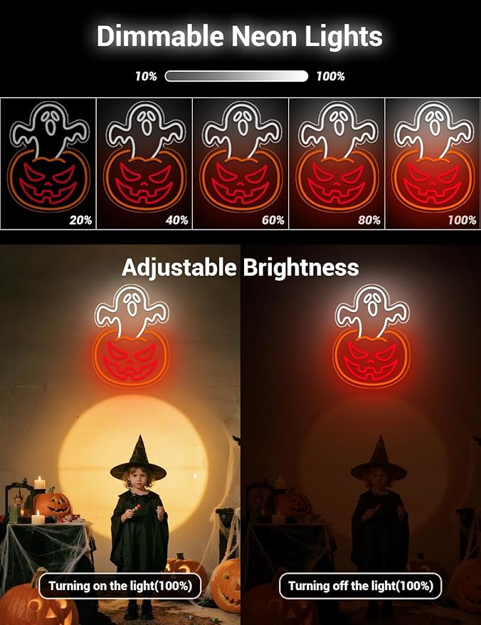 Ghost Pumpkin Halloween Window Lights Neon Signs for Indoor Wall Decor, Halloween LED Neon Light Decoration Sign for Party Doors Window (Ghost Pumpkin)