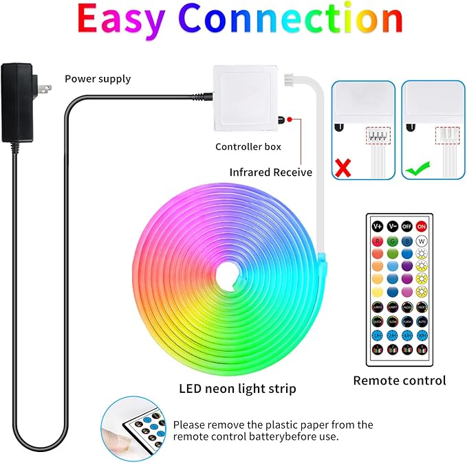 50ft Neon Rope Light, 24V RGB LED Strip Lights, Multi-Color, Music Sync, Dimmable, Remote/APP Control, Flexible DIY Design for Bedroom Indoor Outdoor
