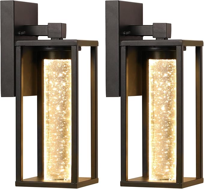 WIHTU Outdoor Light Fixture, LED Exterior Lighting Fixtures with Crystal Bubble, Matte Black Waterproof Outdoor Porch Lights for House, 2 Pack Outside Sconce Lighting for Patio Garage