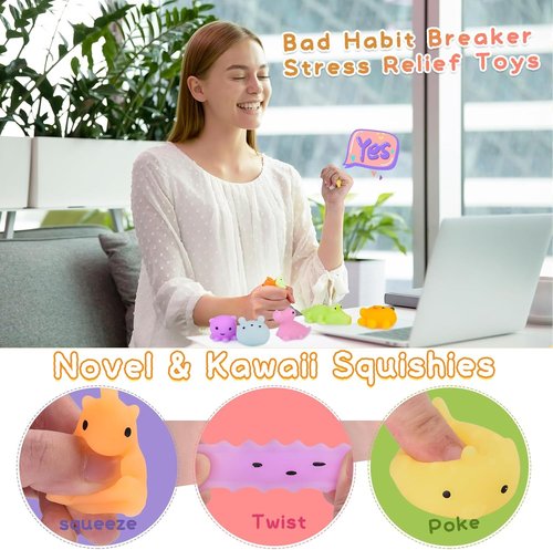 LEEHUR Kawaii Squishies - 100PCS Mini Mochi Stress Relief Toys for Kids Party Favors | Includes Storage Bag