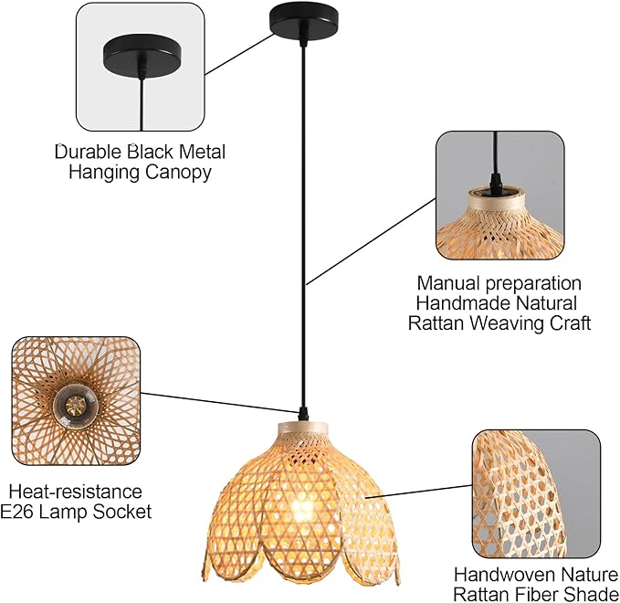 3-Pack Boho Pendant Light Fixture 9.8" Bamboo Hanging Light Mini Rattan Pendant Light,Woven Wicker Shade Rattan Chandelier for Dining Living Bedroom Kitchen Farmhouse