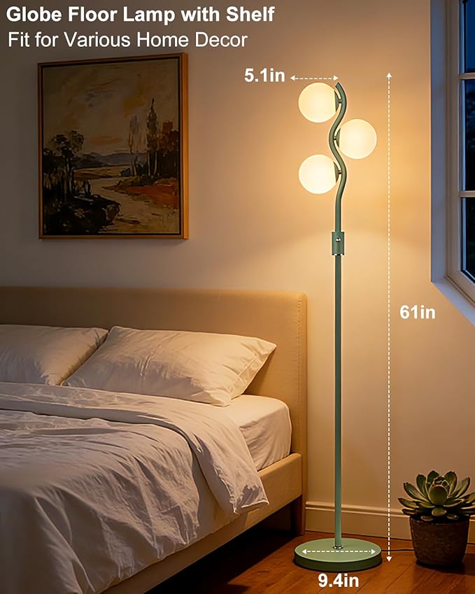 Lightdot 60IN Green Floor Lamp Stepless Dimmable Globe Floor Lamps with 3Pcs 3000K G9 Bulbs Eye-Friendly Mid Century Standing Lamps with Stable Base for Living Room/Bedroom/Corner