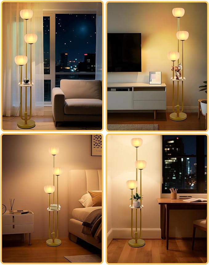 Gold Floor Lamp with Table, Modern Dimmable Floor Lamps with Pumpkin Lampshade, 3000K Soft Warm White Bulbs Included, 3-Light Tall Standing Lamp for Living Room/Bedroom
