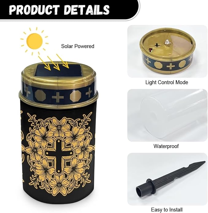 Cemetery Solar Lights Waterproof Solar Powered Grave Lights Golden Cross Landscape LED Flameless Candle Grave Decor Memorial Gift Garden Decor
