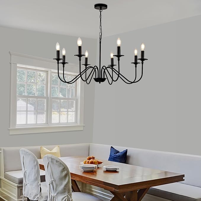 Black Farmhouse Chandeliers, 8 Light S-Arm Modern Candle Hanging Pendant Light, Industrial Rustic Metal Ceiling Kitchen Island Light for Living Room, Entryway, Foyer, Bedroom, Dining Room