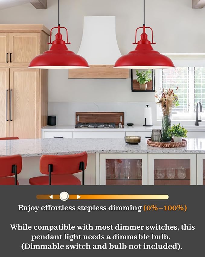 Red Pendant Light Kitchen Island,16 Inch Large Industrial Pendant Lights, Matte Red Pendant Lights, Vintage Farmhouse Pendant Light for Kitchen Island, Dining Room, Hallway (2 Pack)