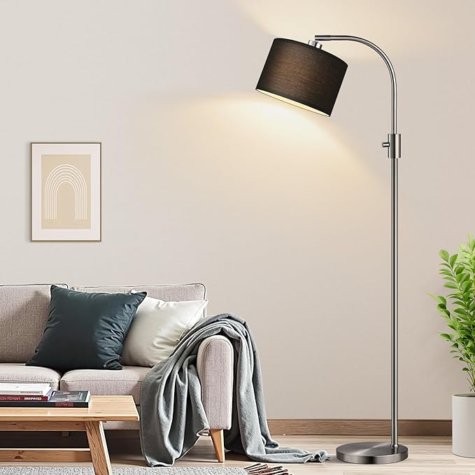 Nintiue Upgraded Modern Arc Dimmable Tall Standing Floor Lamp with Black Shade, 1200 Lumens LED Bulb Included, for Living & Reading Room, Bedroom, Office & Nursery, Brushed Nickel