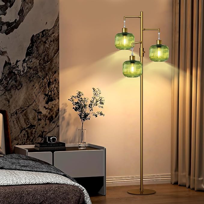 Floor Lamp for Living Room, Dimmable Standing Lamp with Green Glass Shade, Modern Gold Tall Lamps for Bedroom, 3×600LM LED Bulbs Included