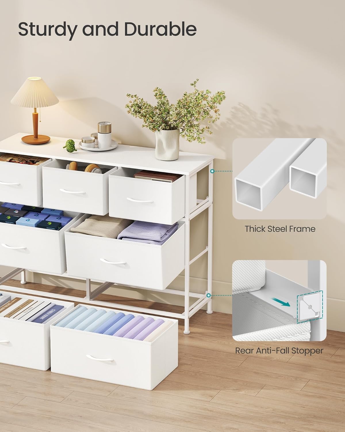 SONGMICS Dresser - Stylish Chest of Drawers with 7 Non-Woven Fabric Bins | Cloud White & Snow White