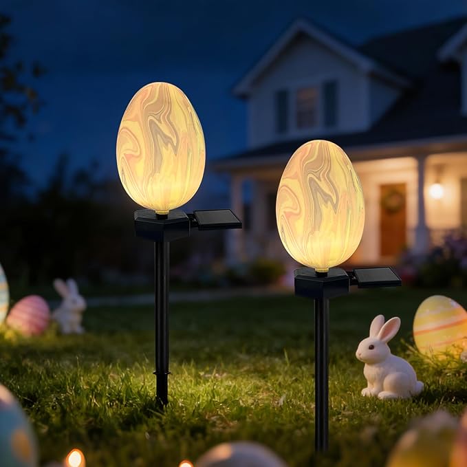 2 Pack Solar Easter Egg Lights Outdoor, Waterproof Solar Easter Yard Decorations Outdoor Easters Yard Stakes Lights for Outside Lawn Walkway Patio Cemetery Grave (Blending Colors)