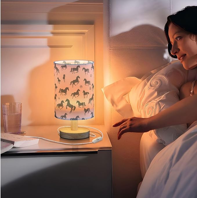 Fustylead Black Horses Light Pink Table Lamp for Bedroom USB Port Lamps Small Accent Table Lamp Nightstand Lamp Study Linen Shade with Wooden Base, Decorative Lamps for Bedside Reading|Kids|Dorm|Home