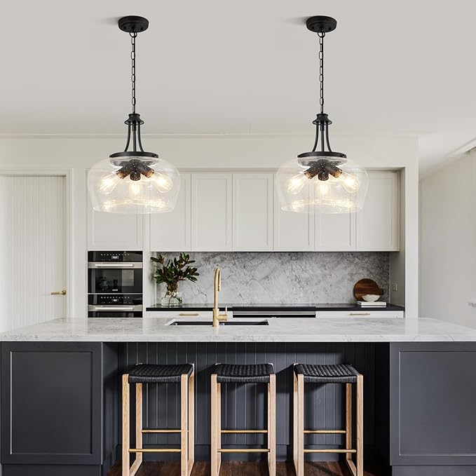 Modern Pendant Lights Kitchen Island, 3-Light Black Pendant Light Fixtures with 14.2" Clear Air Bubble Glass Shade, Industrial Hanging Pendant Lights Fixture for Kitchen Island, Dining Room, Entryway