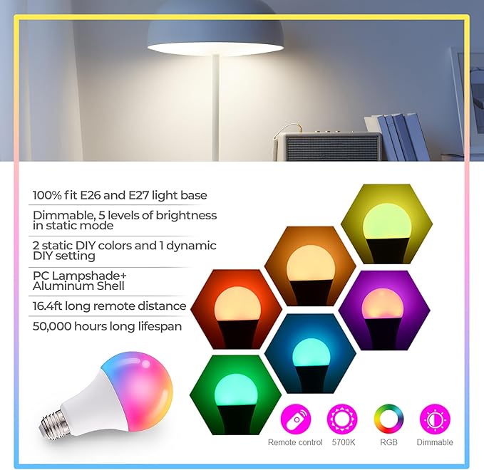 Droiee Dimmable E26 Warm LED Light Bulb, 6W RGBW Color 500LM with 16 Color Changing Modes for Christmas, Party etc with Remote Control 2 Pack