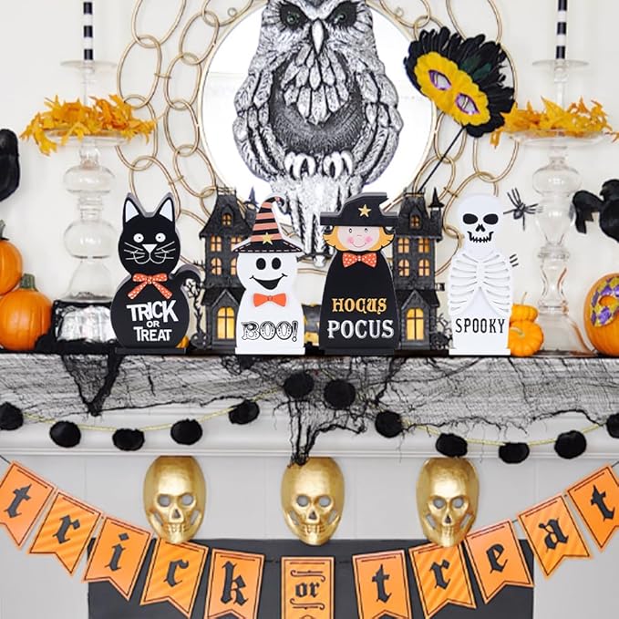 Halloween Decorations Indoor, DECSPAS 4 PCS Wood Blocks Halloween Table Decor, Ghost Black Cat Skull Witch Gothic Tabletop Ornaments, Hocus Pocus Decorations for Home, Tiered Tray, Shelf, Mantel