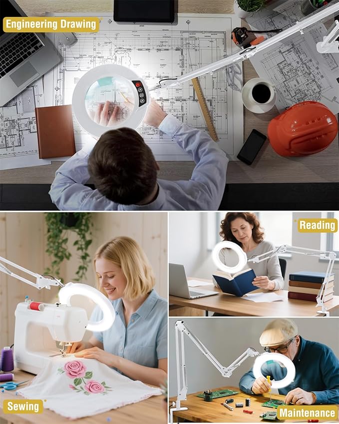 12X Magnifying Glass with Light and Clamp, Ultra Long 3 Section Swing Arm LED Desk Lamp, Real Glass Lens, 5 Color Modes Dimmable, Hands Free Lighted Magnifier with Stand for Repair Crafts - White