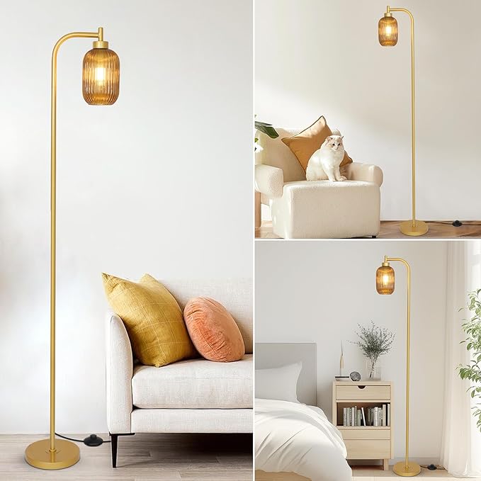Glass Floor Lamps for Living Room, Vintage Gold Standing Lamp with LED Bulb, Amber Stripe Glass Shade, Foot Switch, Mid Century Modern Brass Tall Corner Lamp for Bedroom Office Reading Room