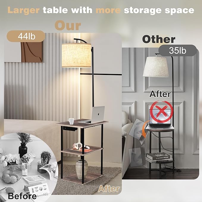 PESRAE Floor Lamp with Table,Lamps for Nightstand with Charging Station(USB & Type-C & AC Port), 3 Color Temperatures 9W LED Bulb, Modern Shelves Side Table for Bedroom, Office