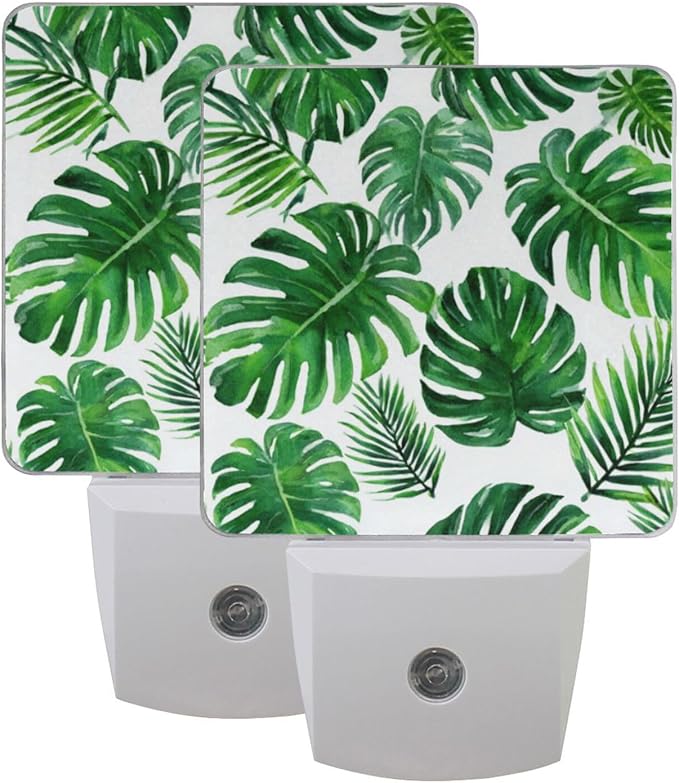 Vdsrup Summer Palm Leaves Night Light Set of 2 Tropical Jungle Plug-in LED Nightlights Auto Dusk-to-Dawn Sensor Lamp for Bedroom Bathroom Kitchen Hallway Stairs