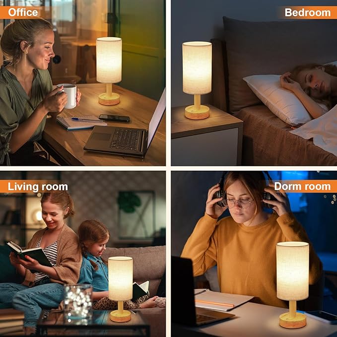 Small Cordless Touch Table Lamps Set of 2 with Stepless Dimming, Natural Wood Base & Linen Fabric Shade,Wireless Battery-Powered Ambient Night Lights for Bedroom, Bedside, Nightstand,Room, Nursery