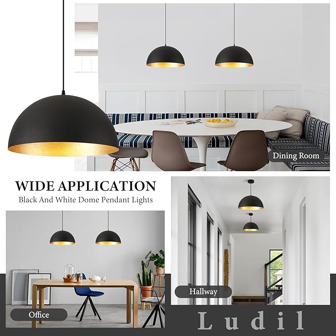 Farmhouse Pendant Light Fixtures,12" Pendant Lights Kitchen Island, Black and Gold Industrial Hanging Ceiling Light for Kitchen Foyer Cafe Dining Room Sink,2 Pack