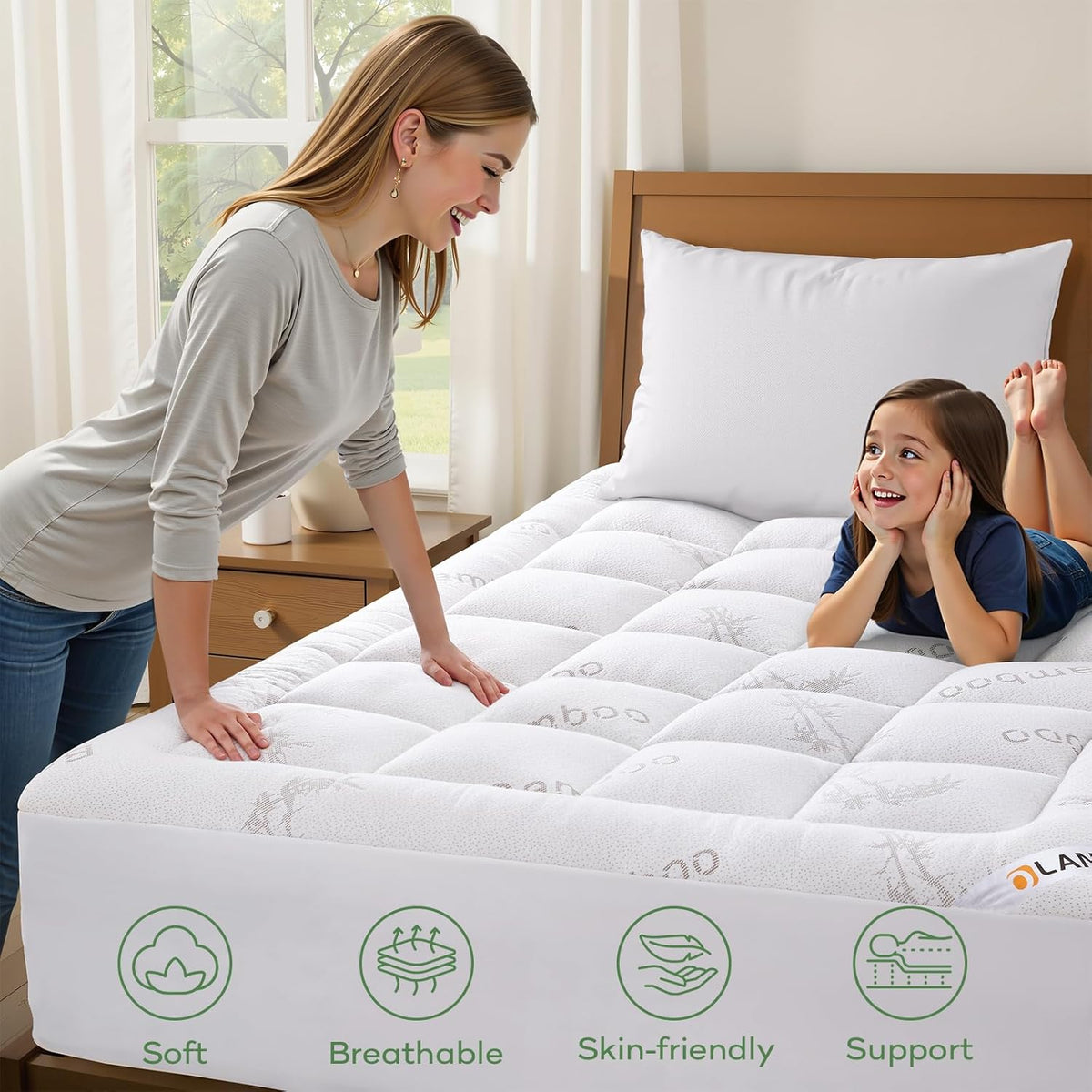 OLANLY King Mattress Topper - Cooling Bamboo Viscose Pillow Top for Back Pain Relief | Plush White Design
