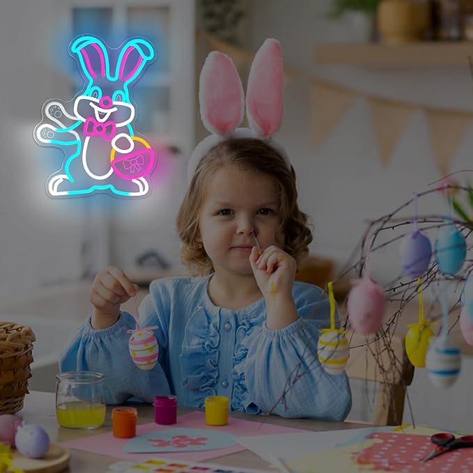 Easter Neon Sign Waving Bunny Neon Light Dimmable Spring Rabbit with Egg Basket Led Sign Easter Light Up Window Decorations Happy Easter Sign for Home