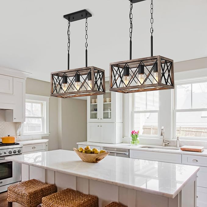 KEESFU Farmhouse Kitchen Island Lighting, 3 Lights Pendant Lighting Fixtures, Adjustable Height, Industrial Dining Room Light for Living Room Foyer Dining Table Over Sink. (Wood Grain Color)
