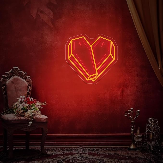 Coffin Heart Neon Sign - Red Gothic Neon Signs for Wall Decor, Ideal for Gallery Walls and Gothic Decor, Great Gift for Goth Lovers 13.5" x 13.5"