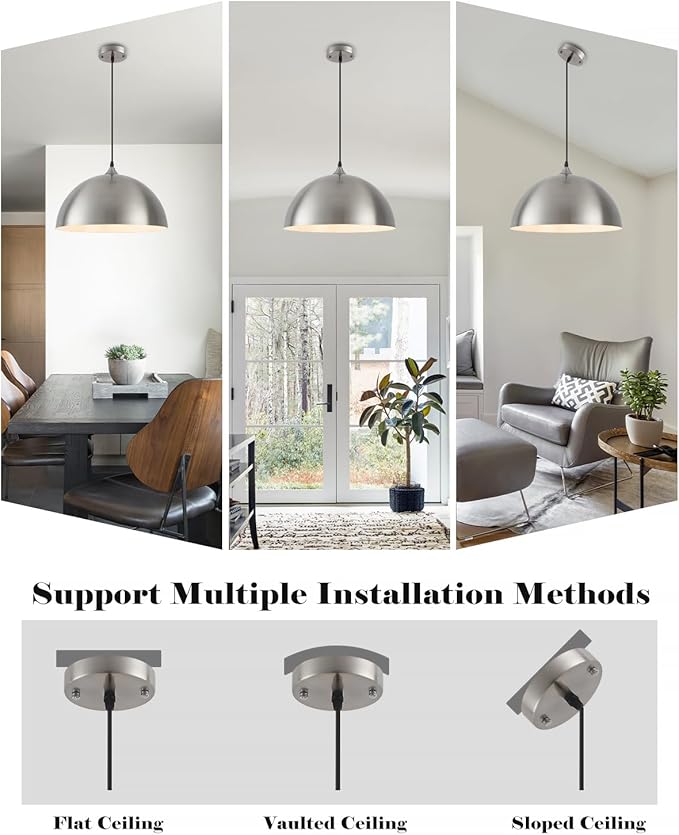 Brushed Nickel Pendant Lights Kitchen Island, 16 Inch Large Dome Pendant Light, Modern Farmhouse Pendant Light for Kitchen Island, Dining Room, Cafe, Bar, 2 Pack
