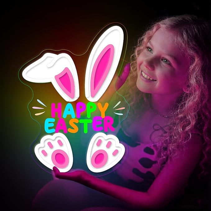 Happy Easter Neon Sign, LED Light Up Cartoon Bunny Decorations for Kids Bedroom, Nursery Room, Classroom, Home, Acrylic Wall Mounted Lighted Rabbit Decor, Easter Gifts for Boys and Girls, 14 x 10 Inches, USB Powered