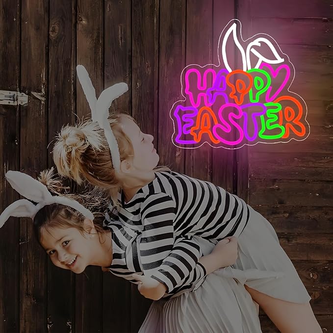 Happy Easter Neon Sign, Easter Neon Bunny Ears Neon LED Lights, Easter Wall Decor Party Home Room Decor, Wall Decor, Easter Gift for Kids