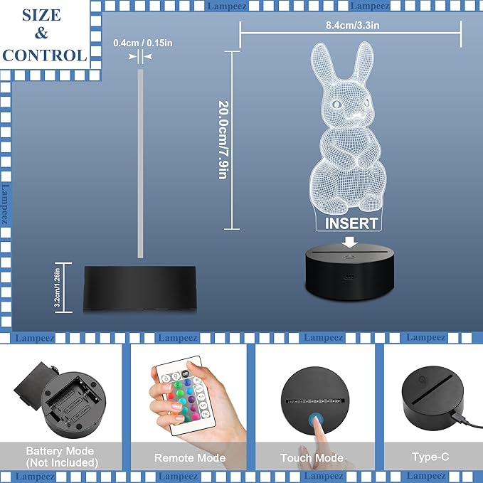 Lampeez 3D Rabbit Lamp Bunny Night Light 3D Illusion lamp for Kids, 16 Colors Changing with Remote, Kids Bedroom Decor as Xmas Holiday Birthday Easter Gifts for Boys Girls
