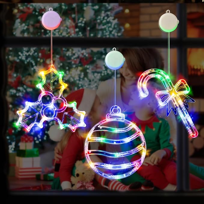 LOLStar Christmas Window Lights, 3 Pack Multicolor Christmas Ball, Holly Berry, Candy Cane LED with Suction Cups, Timer & Slow Fade, Battery Operated(Excluded) Christmas Decorations Light Up for Home