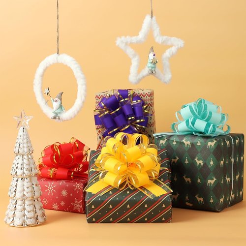 Forbinbo Gift Wrap Ribbon Pull Bows - Easy & Fast 6" Wide Yellow Bows for Christmas & Gift Decoration