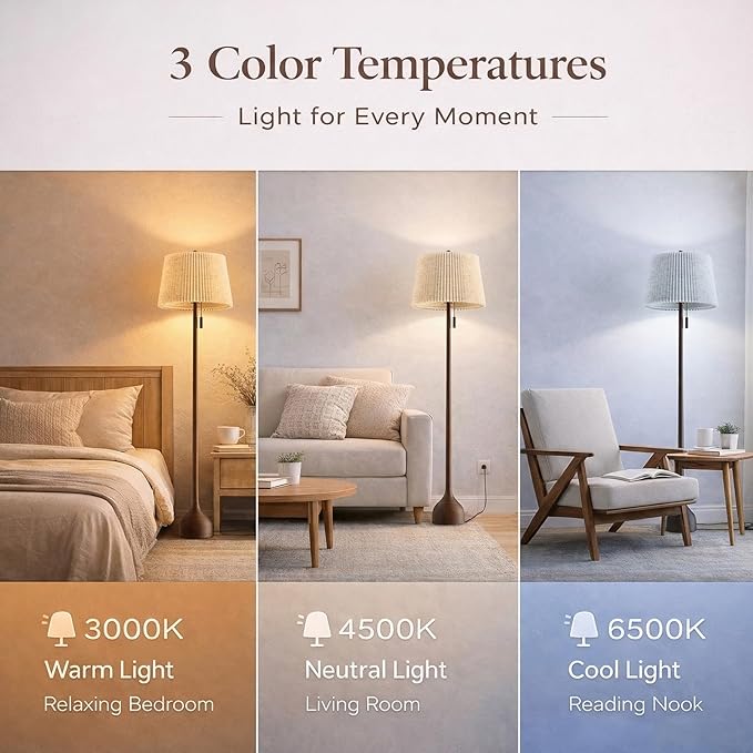 MOFFE 65" Mid Century Modern Vintage Real Wood Floor Lamp with 2 Shades for Two Looks,Sculptural Standing Lamp with Teardrop Base & Wooden Pull Chain for Living Room Bedroom Sofa Side (Bulb Included)