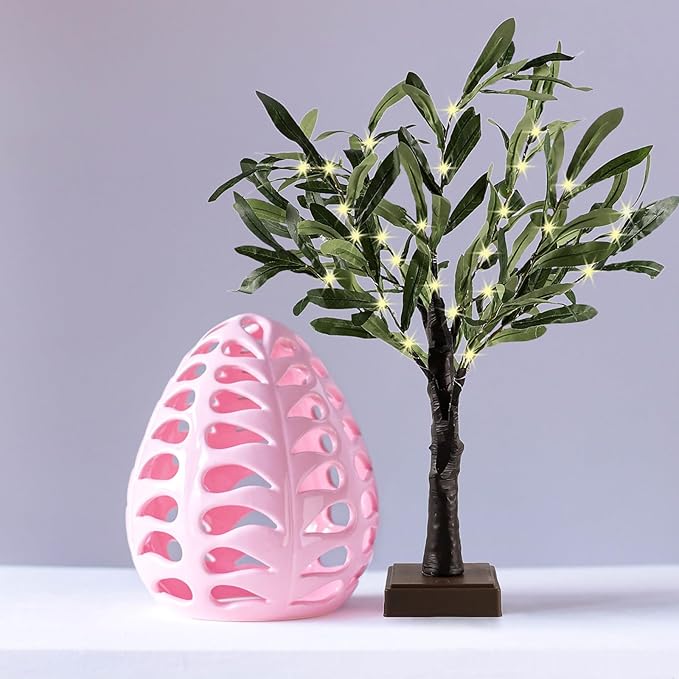 2FT Easter Olive Tree with LED Lights, 30 LED Artificial Twinkle Tree with Timer, Lighted Greenery Tree Bonsai Fairy Tabletop Lamp Tree for Home Decor