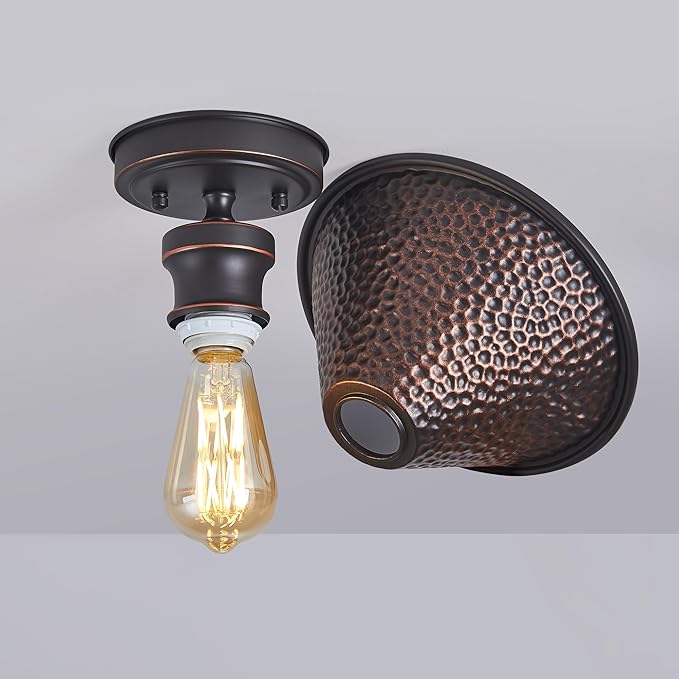 9.2" Industrial Semi Flush Mount Ceiling Light,Vintage Hammered Pattern Cast Aluminum Shade,1-Light E26 Classic Lamp,Oil Rubbed Bronze Farmhouse Lighting for Hallway Kitchen Entryway.