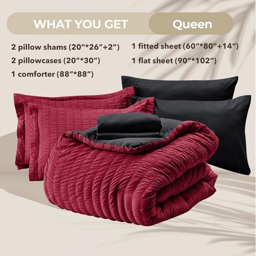 HYMOKEGE Queen Comforter Set - Red & Black Seersucker 7-Piece Luxury Bedding Set | All-Season Comfort