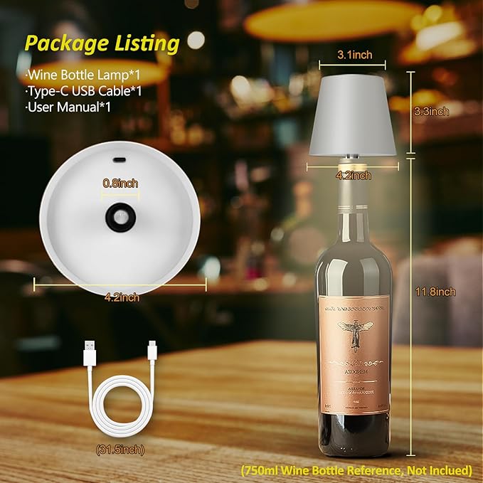 2025 New Wireless Bottle Lamp - LED Bottle Lights for Liquor & Wine Bottles, Cordless Lampshade, Whiskey Bottle Top Light, Bottle Stopper Night Light Kit, Rechargeable 3-Tone Touch-Dimmable