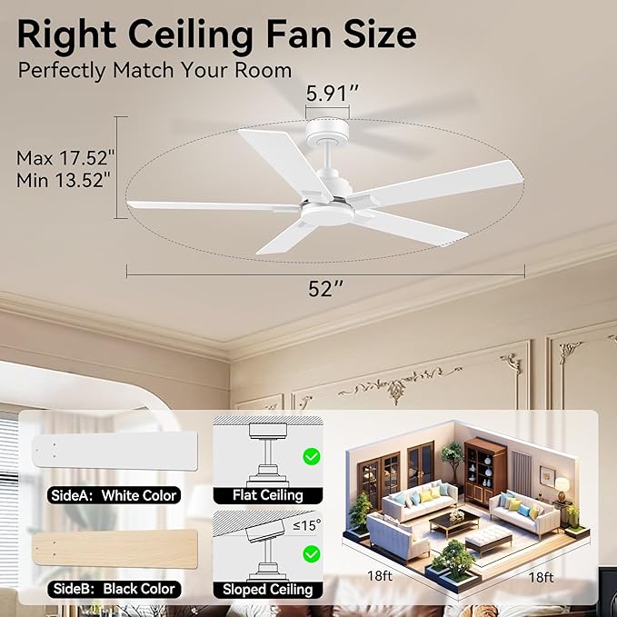 52 Inch Ceiling Fans with Lights,Smart Ceiling Fan with Light and Remote Control,Alexa,APP,White Indoor Outdoor Ceiling Fans for Bedroom,Living Room,Patio,5 Blades,Dimmable LED,6 Speed,Quiet DC Motor