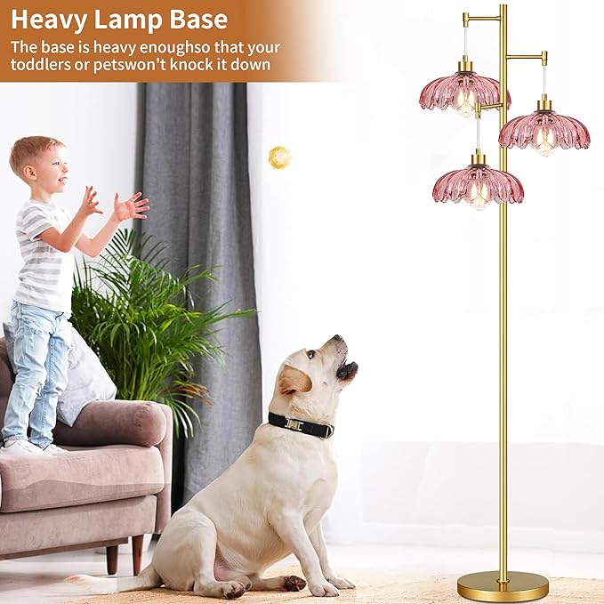 Pink Floor Lamp for Living Room,Bedroom,Gold Flower Mid Century Modern Standing Lamp Brass Tree 3 Light Tall Floor Lamps Vintage Floor Lights Glass Lamp Shade Farmhouse Boho Bohemian