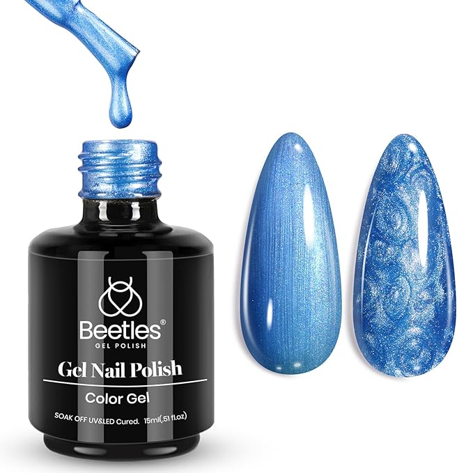 Beetles Pearl Gel Nail Polish - 15ml Blue Nail Polish Drawing Swirl Shell Thread Effect Dark Blue Gel Polish Soak Off UV & LED Cured Long-Lasting Manicure St Patrick Day Gift for women