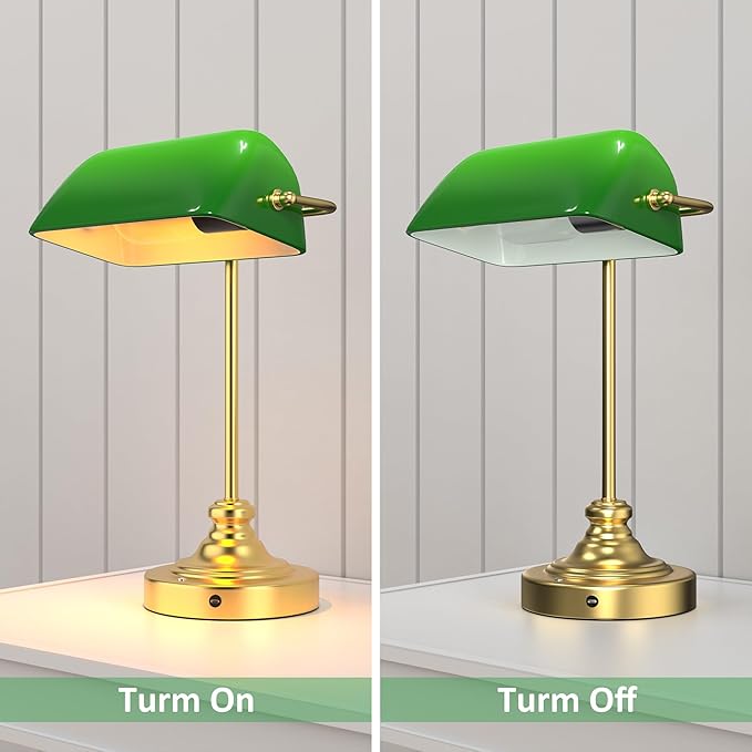 Green Bankers Desk Lamp - Rechargeable Cordless Table Lamp with Dimming, Vintage Library Lamp with Light Bulb Set for Home Office