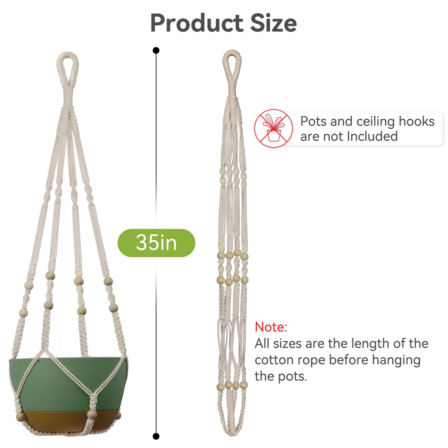 USLAI Macrame Plant Hanger Indoor Outdoor, Fits 4 to 15 Inch Pots, Strong Hanging Planter Holder, Boho Home Decor, 35 Inch, Ivory, Set of 3 (POTS NOT Included)